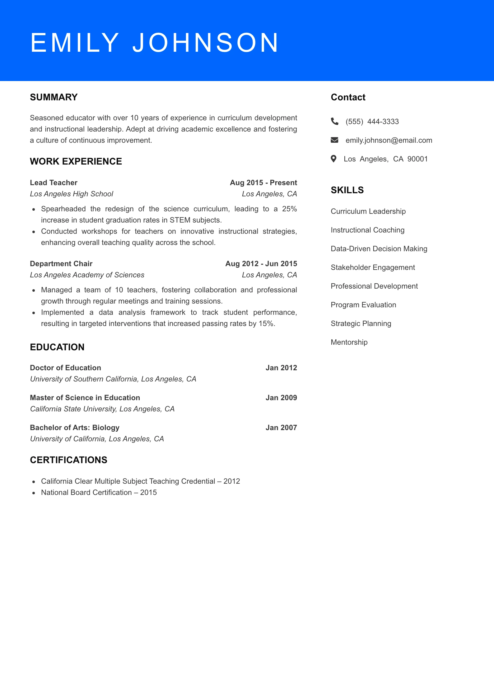 Senior Level Teacher Resume Sample