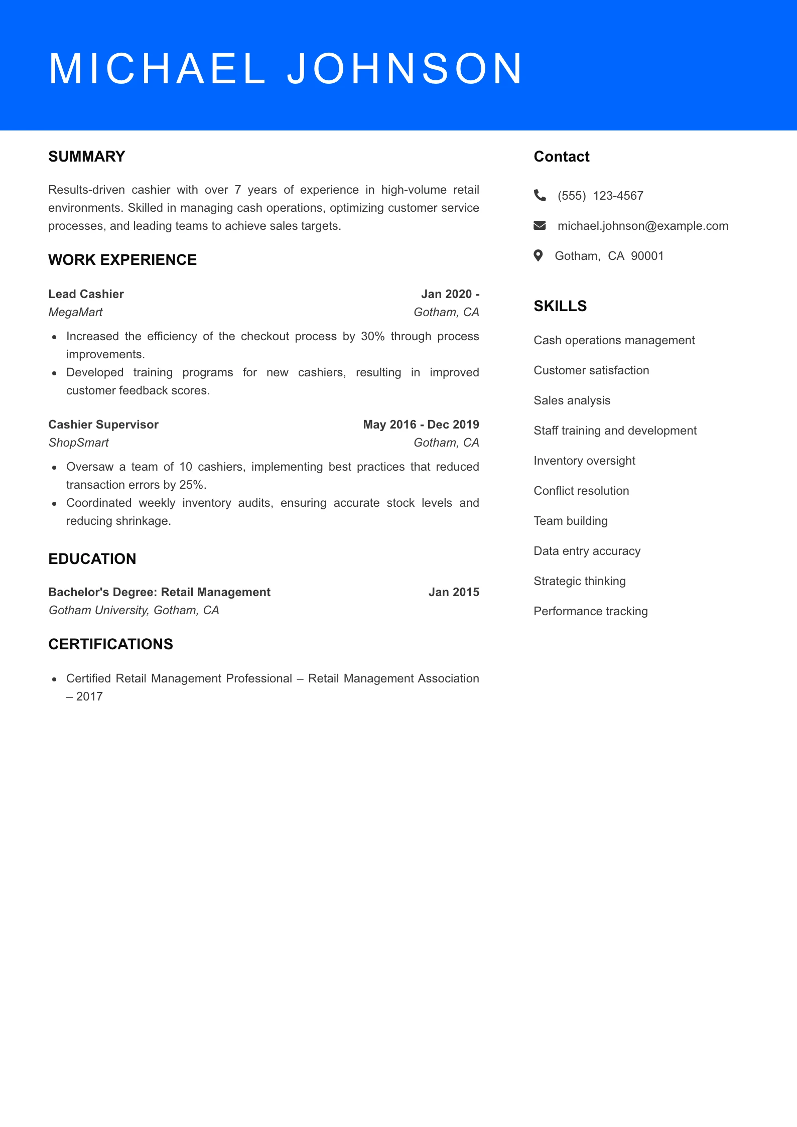 Senior Level Cashier Resume Example