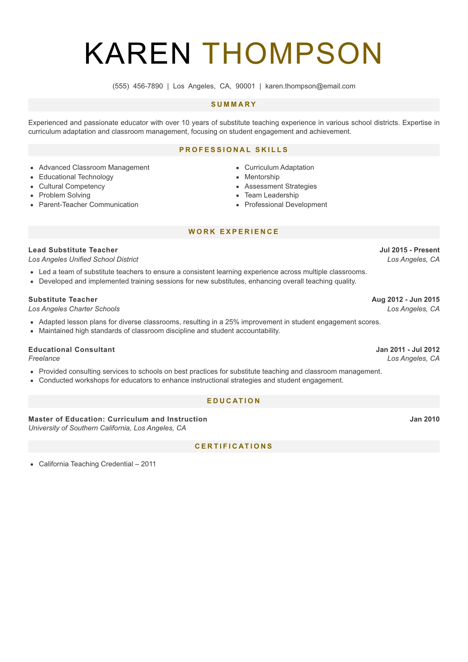 Senior Level Substitute Teacher Resume Example