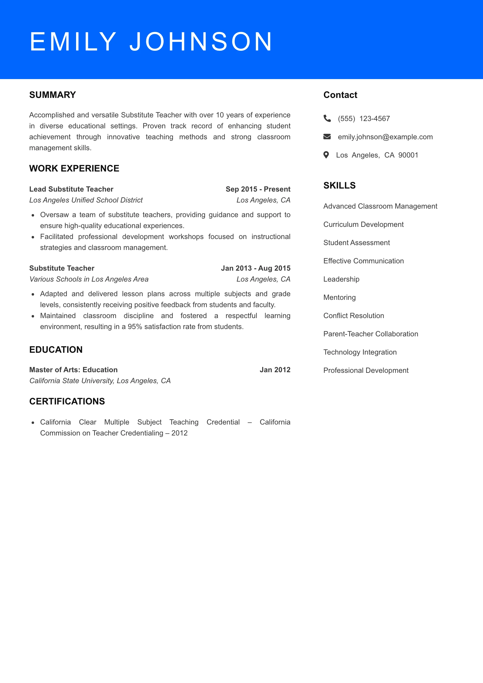 Senior Level Substitute Teacher Resume Sample