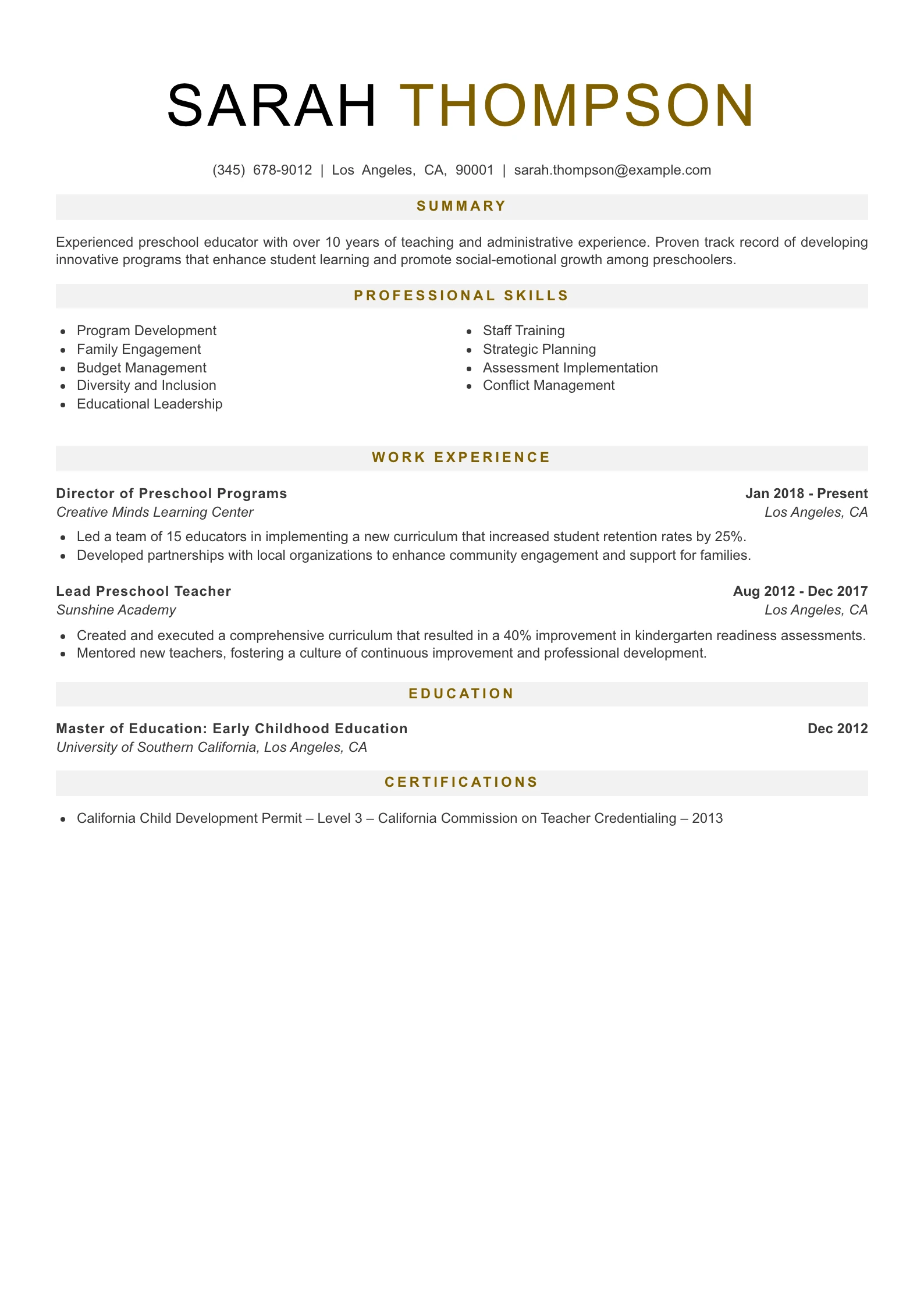 Senior Level Preschool Teacher Resume Example