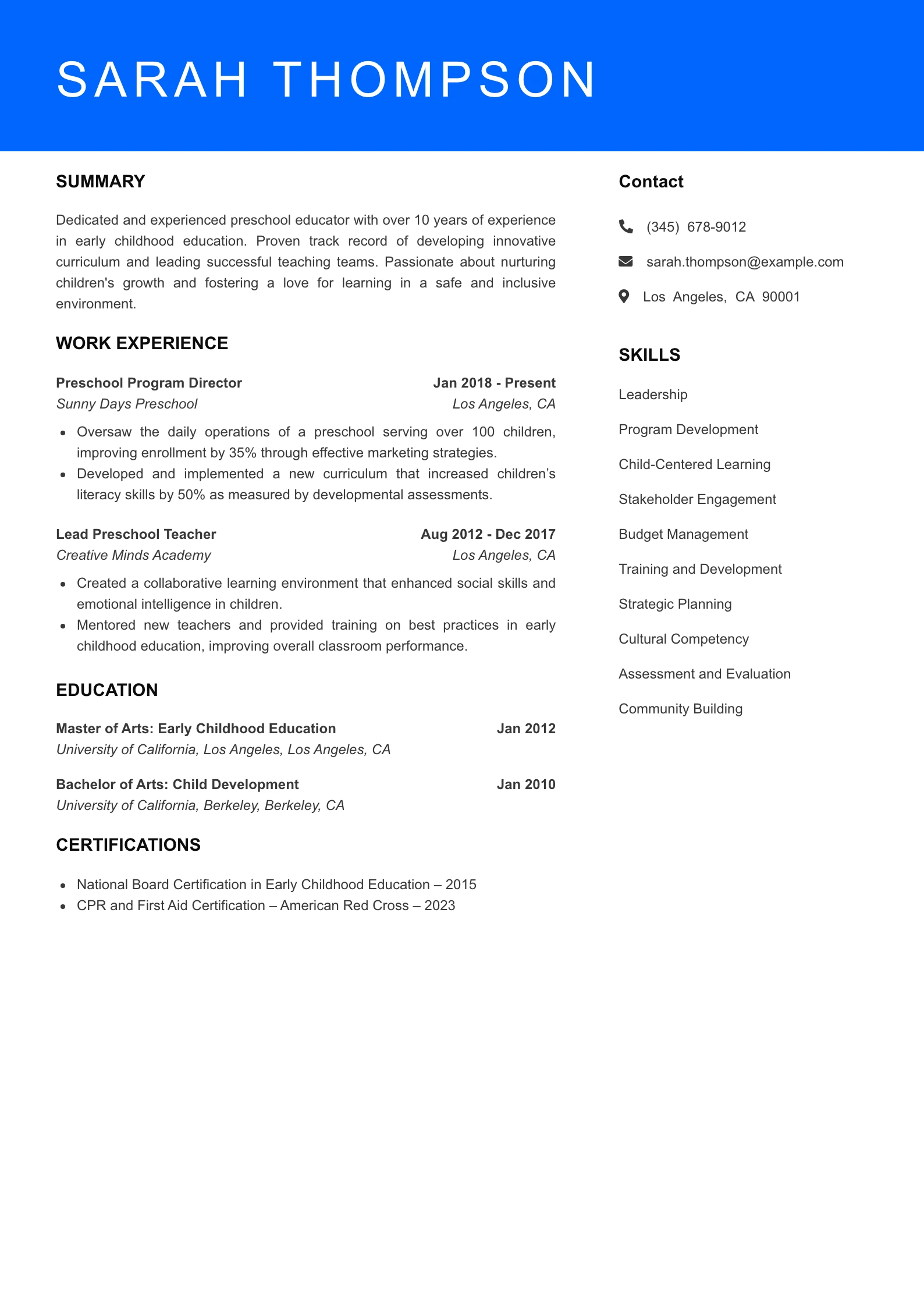 Senior Level Preschool Teacher Resume Sample