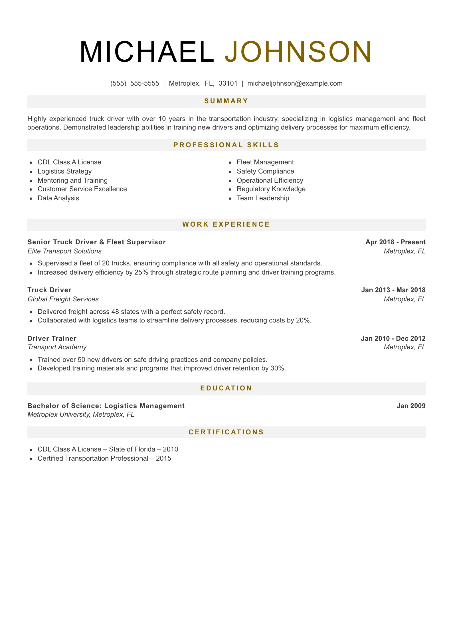Senior Level Truck Driver Resume Example