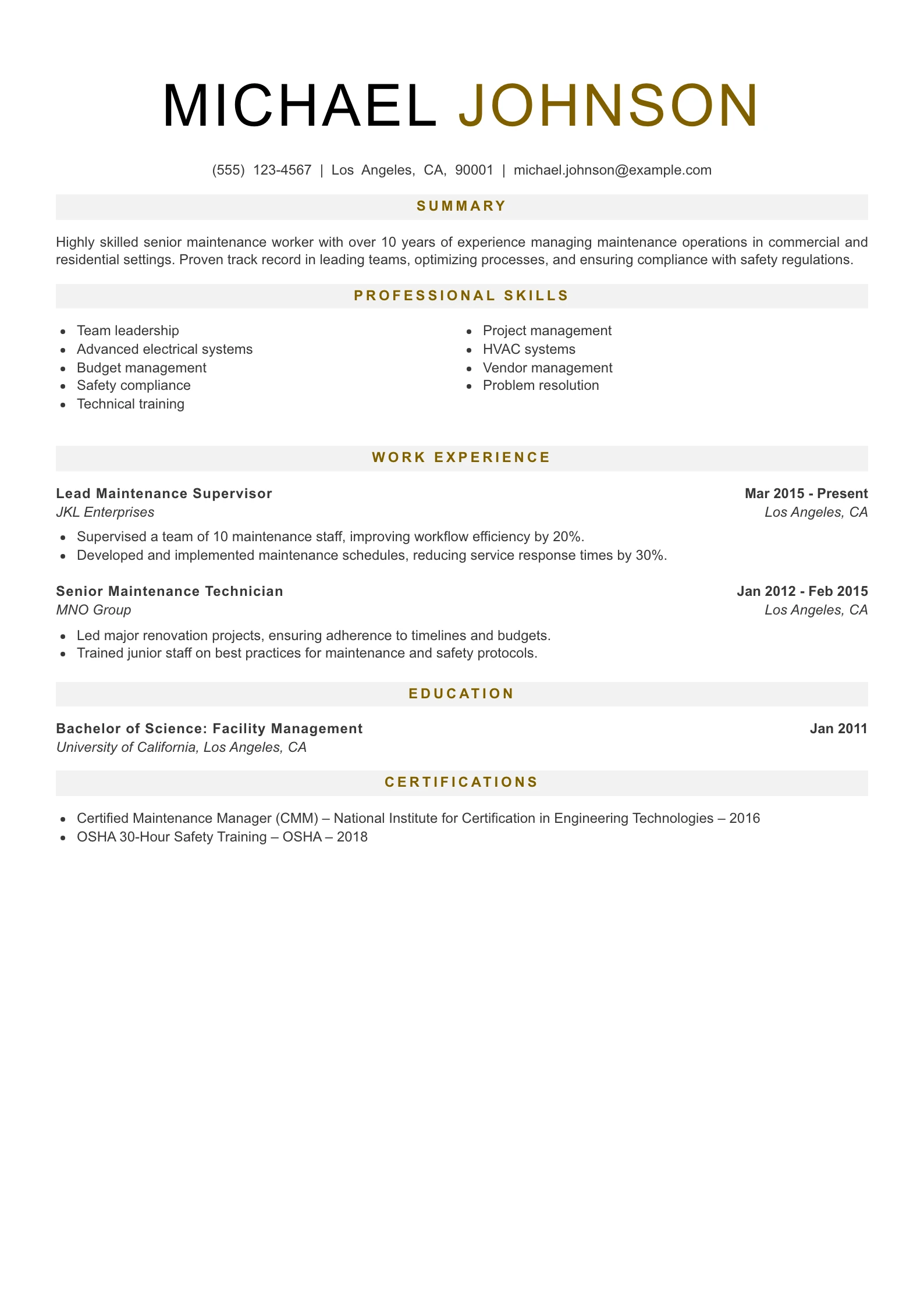 Senior Level Maintenance Worker Resume Example
