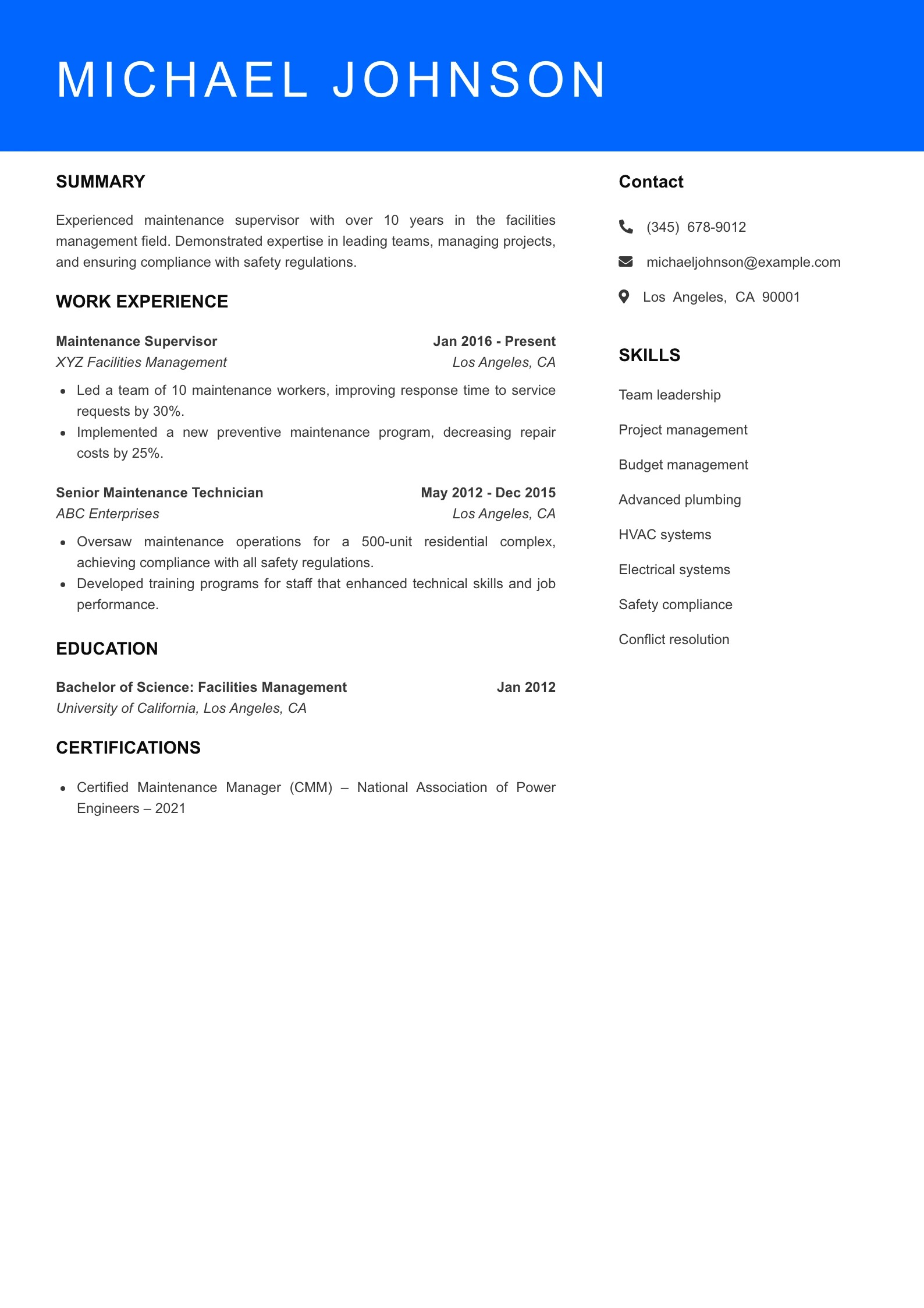 Senior Level Resume Preview