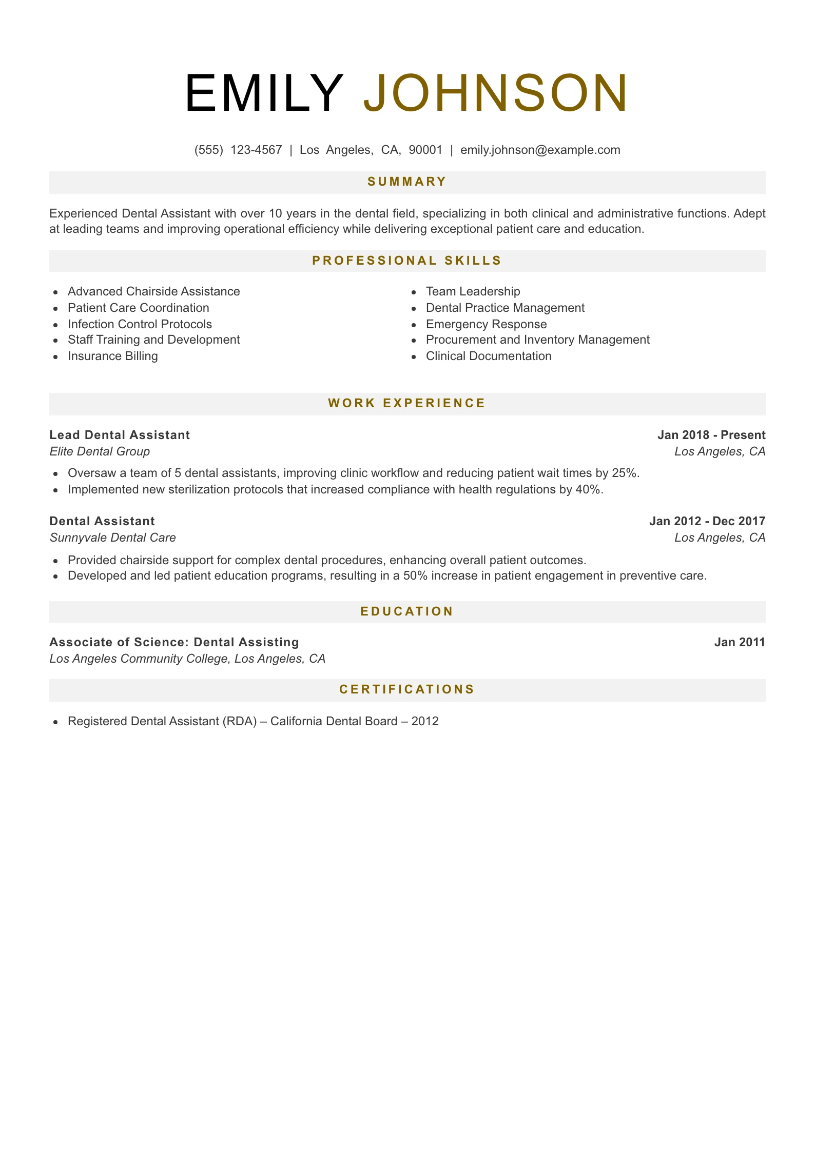 Senior Level Dental Assistant Resume Example
