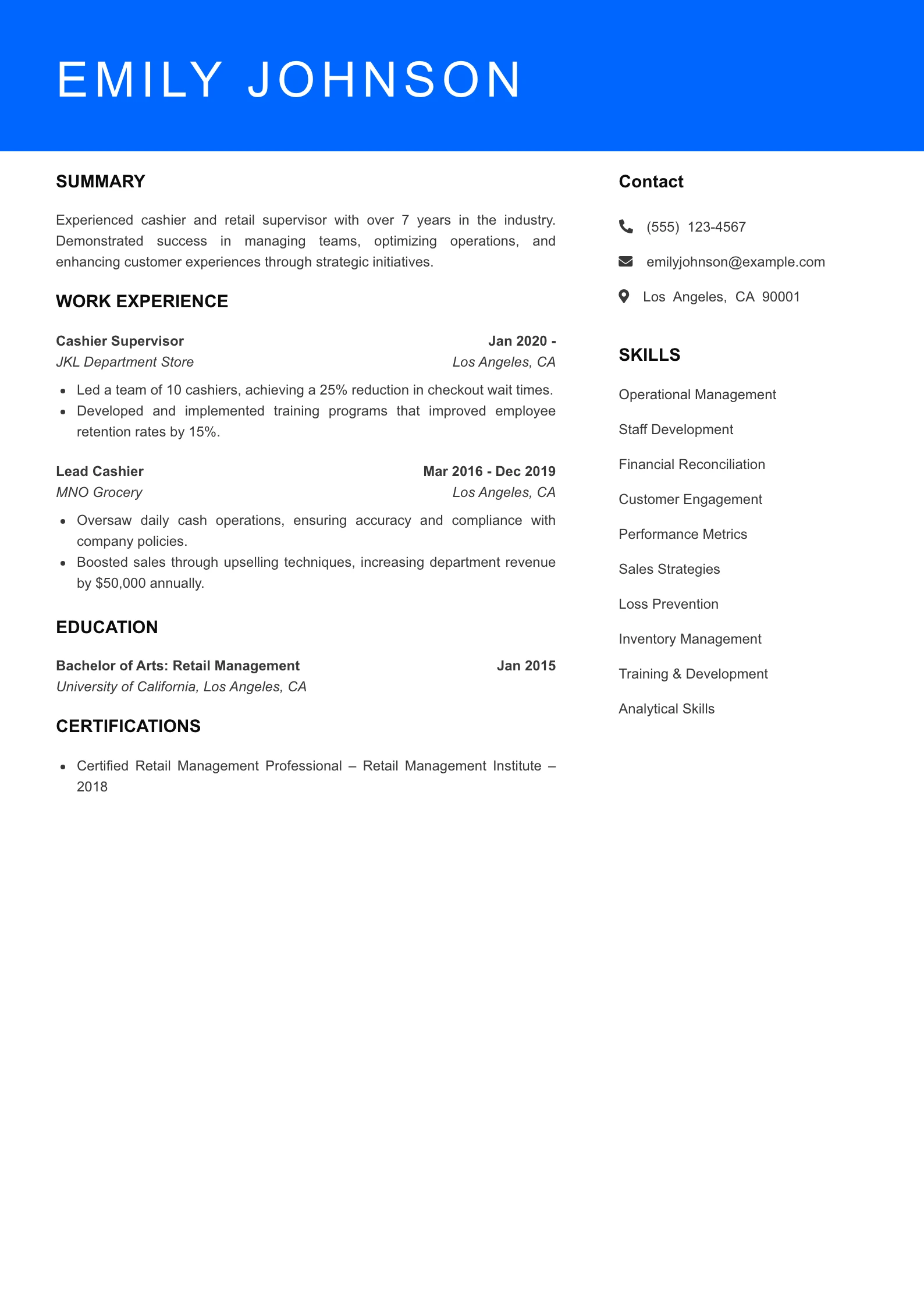 Senior Level Cashier Resume Sample