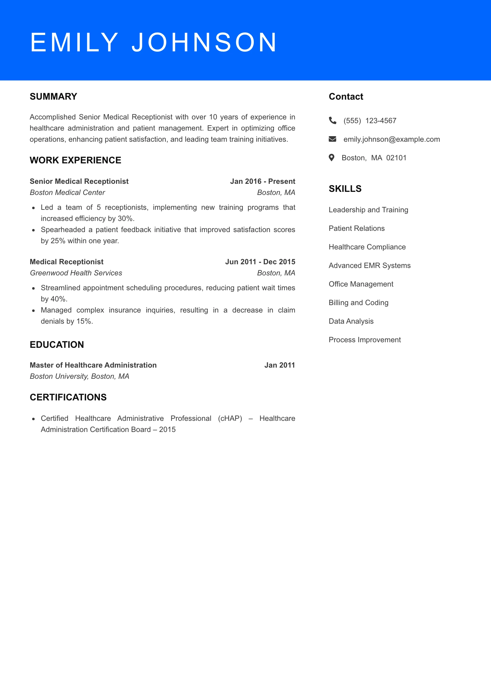 Senior Level Medical Receptionist Resume Sample