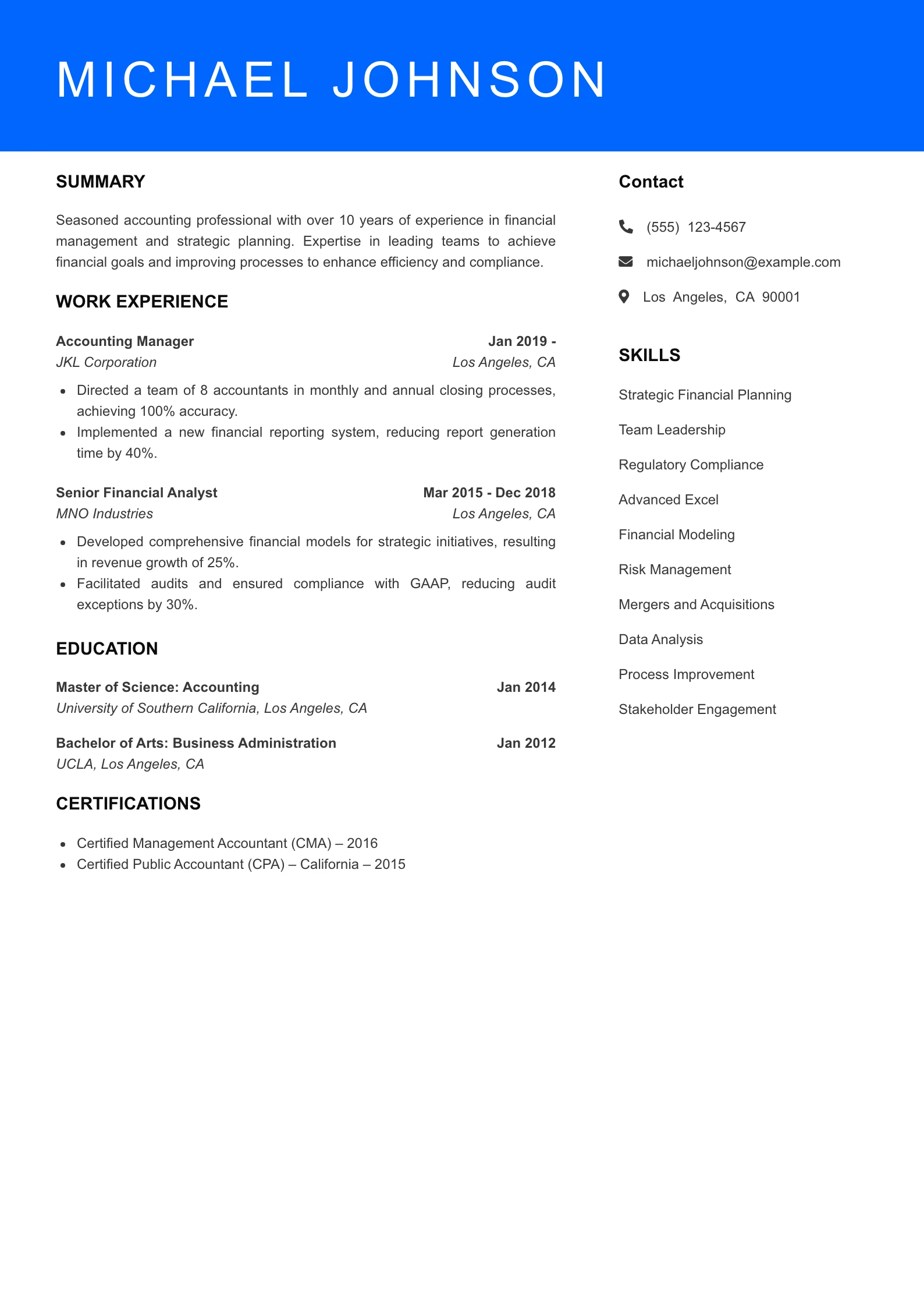 Senior Level Accountant Resume Example