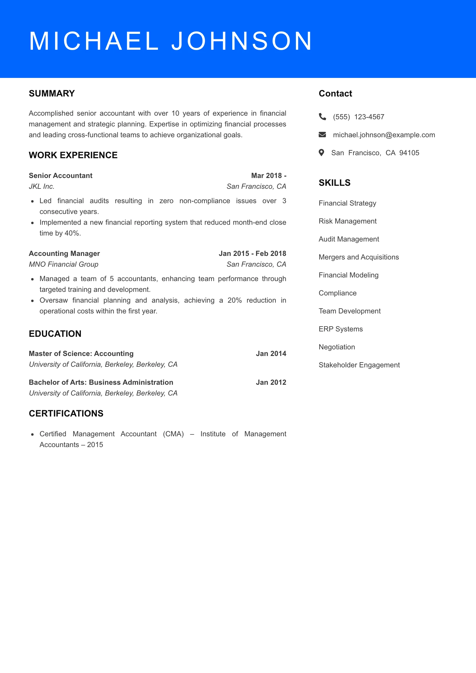 Senior Level Accountant Resume Sample