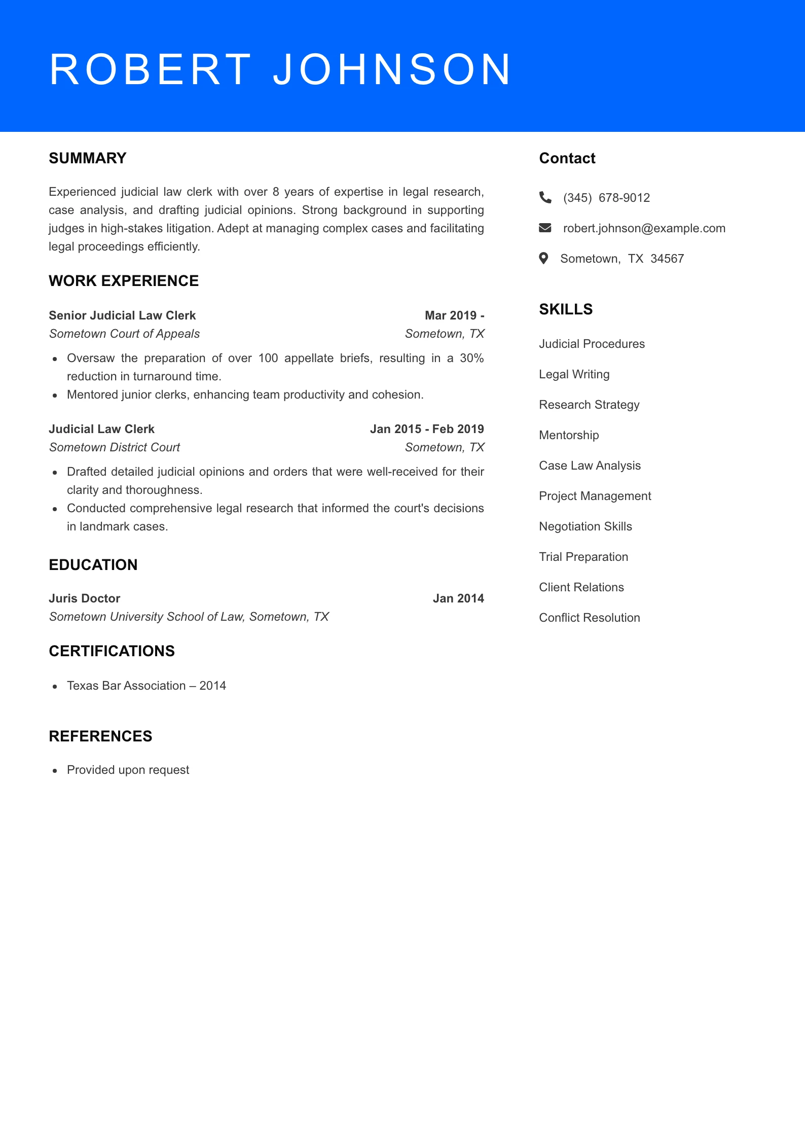 Senior Level Judicial Law Clerk Resume Example