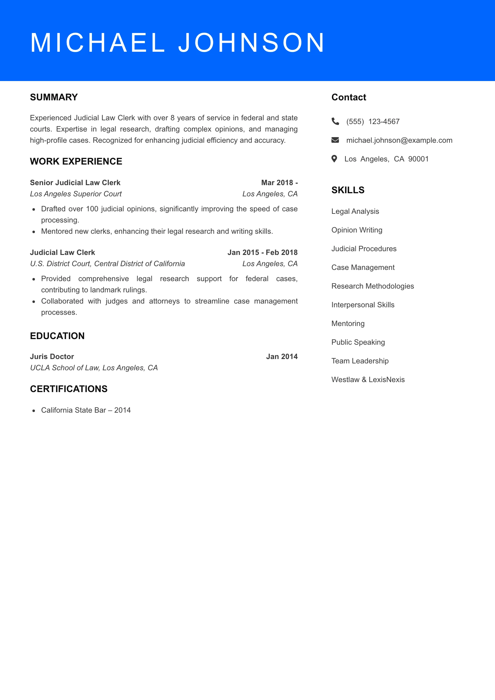Senior Level Judicial Law Clerk Resume Sample
