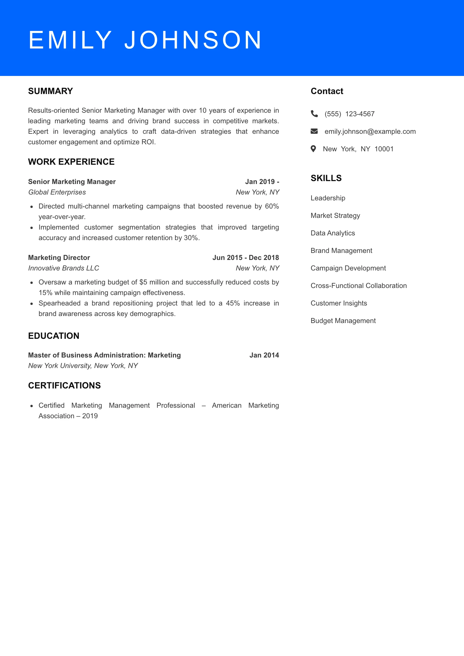 Senior Level Marketing Manager Resume Example